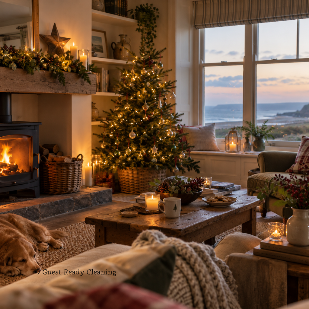 Cosy North Norfolk holiday home ready for Christmas guests, with a decorated tree, glowing wood burner, candles and a dog resting by the fire.