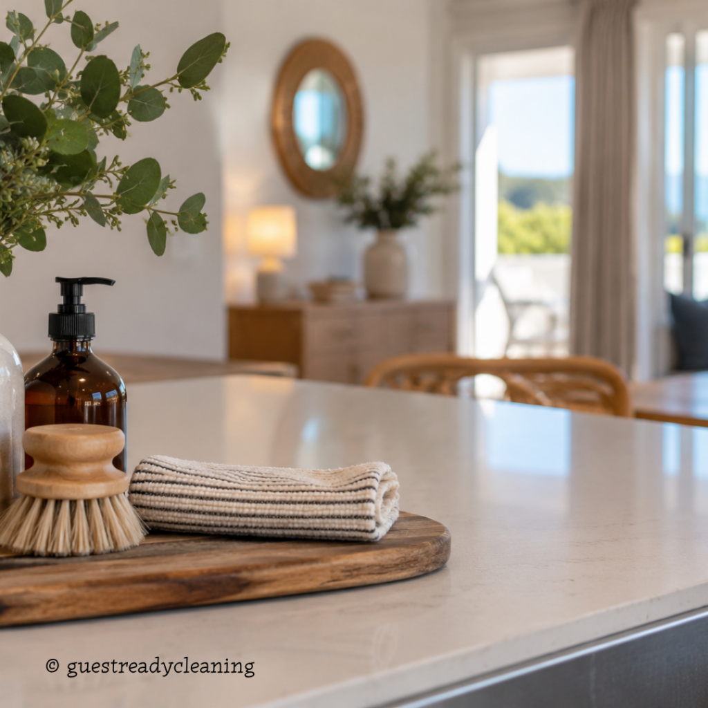 Clean, well-presented holiday let kitchen with cleaning essentials ready for the next guests.