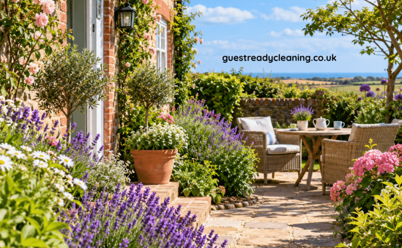 Holiday Let garden. bright sunny with herbs and roses around the door
